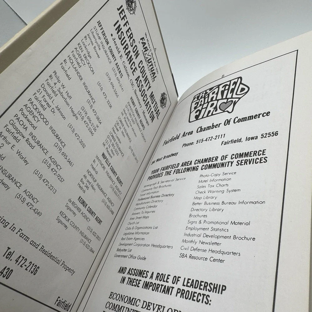1988 Fairfield Iowa City Business Directory HC Book Phone Advertisements Ads Vtg